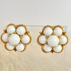 Vintage Kramer Earrings Milk Glass Bead Cluster Gold Mid Century Clip On